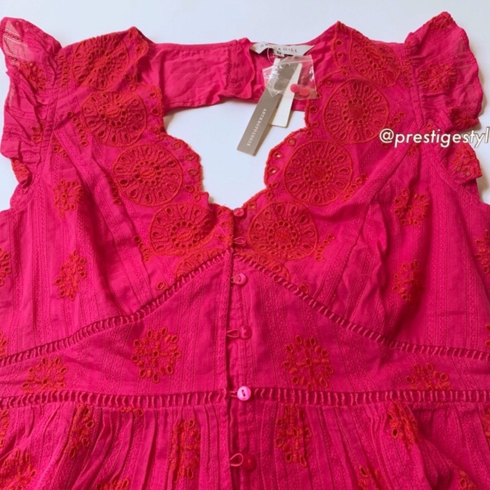 NWT Anthropologie Embroidered Eyelet Scallop Trim Midi Dress Pink Pockets M - Picture 8 of 8